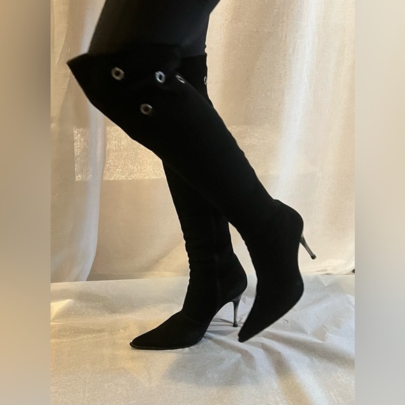 Top Line Thigh High Stiletto Suede Boots Sherling Lining 38 Black - Picture 1 of 15